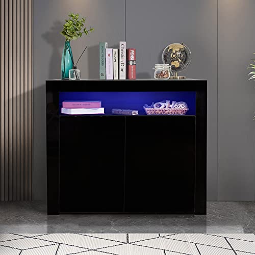 Goujxcy LED Kitchen Sideboard Storage Buffet Cabinet High Gloss for Living Room, Modern Wooden Unit Cupboard TV Stand with 2 Doors for Hallway Dining Room (Black6)