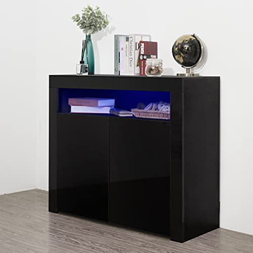 Goujxcy LED Kitchen Sideboard Storage Buffet Cabinet High Gloss for Living Room, Modern Wooden Unit Cupboard TV Stand with 2 Doors for Hallway Dining Room (Black6)