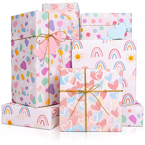 Larcenciel Gift Wrapping Paper, Birthday Wrapping Paper for Girl w/Gift Tags, Rainbow Polka Dots Heart Gift Wraps for Birthday, Valentines Day, Christmas, Wedding, Baby Shower, 4 Sheets 27.5x19.6inch