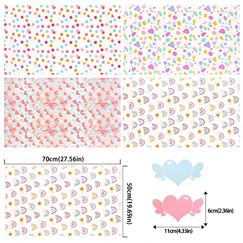 Larcenciel Gift Wrapping Paper, Birthday Wrapping Paper for Girl w/Gift Tags, Rainbow Polka Dots Heart Gift Wraps for Birthday, Valentines Day, Christmas, Wedding, Baby Shower, 4 Sheets 27.5x19.6inch