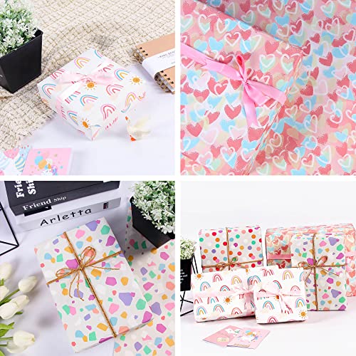 Larcenciel Gift Wrapping Paper, Birthday Wrapping Paper for Girl w/Gift Tags, Rainbow Polka Dots Heart Gift Wraps for Birthday, Valentines Day, Christmas, Wedding, Baby Shower, 4 Sheets 27.5x19.6inch