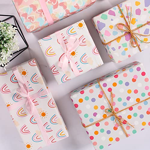 Larcenciel Gift Wrapping Paper, Birthday Wrapping Paper for Girl w/Gift Tags, Rainbow Polka Dots Heart Gift Wraps for Birthday, Valentines Day, Christmas, Wedding, Baby Shower, 4 Sheets 27.5x19.6inch
