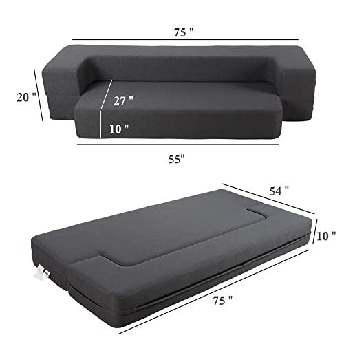 HonTop 10 Inch Modern Folding Sofa Bed Couch Memory Foam Couch Full Futon Sofa Sleeper Chair for Living Room Guest Mattress, Dark Grey