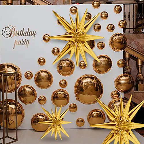 BlingABC Star Foil Balloons Gold Explosion 6PCS 14 Point Cone Balloons Magic Starburst Balloons Large for Wedding Anniversary Backdrop Birthday Party Decorations(27 & 22 inch)