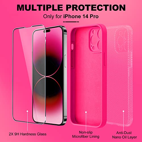 BossKiss Compatible with iPhone 14 Pro Case 6.1 inch, Premium Liquid Silicone Case [Velvety Touch] [2 Pcs 9H Tempered Glass Screen Protector], Camera All-Round Protection Shockproof Case, Hot Pink