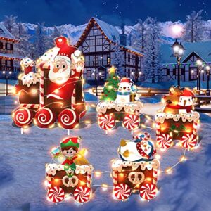 christmas train yard signs with led lights - christmas tree santa elf snowman train set lawn signs with stakes for holiday xmas lawn garden yard decorations outdoor, 5 pack