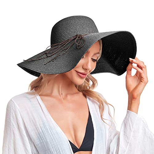 Women Wide Brim Straw Hats,Folable Floppy Sun Hats for Women Uv Protection,Summer Beach Packable Sun Hats UPF 50+ Black