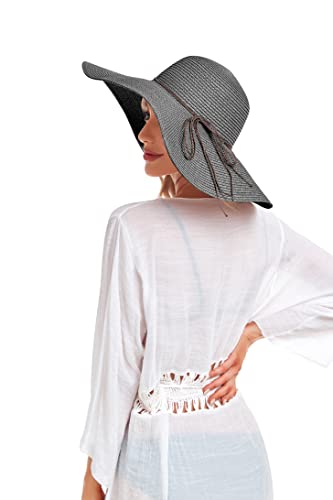 Women Wide Brim Straw Hats,Folable Floppy Sun Hats for Women Uv Protection,Summer Beach Packable Sun Hats UPF 50+ Black