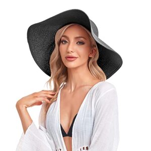 Women Wide Brim Straw Hats,Folable Floppy Sun Hats for Women Uv Protection,Summer Beach Packable Sun Hats UPF 50+ Black