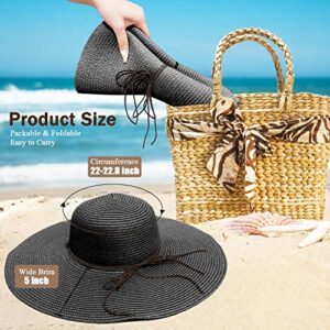 Women Wide Brim Straw Hats,Folable Floppy Sun Hats for Women Uv Protection,Summer Beach Packable Sun Hats UPF 50+ Black