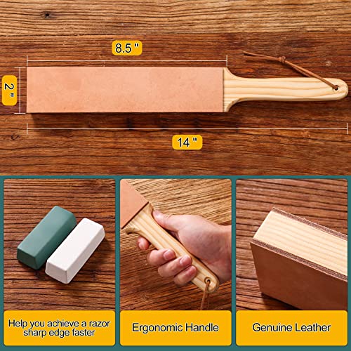 ANGERSTONE Double Side Leather Strop for Knife Sharpening - 14"x 2" Stropping Block Kit with Polishing Compound, Knife Strop with Ergonomic Handle for Honing Knives, Woodworking Chisels