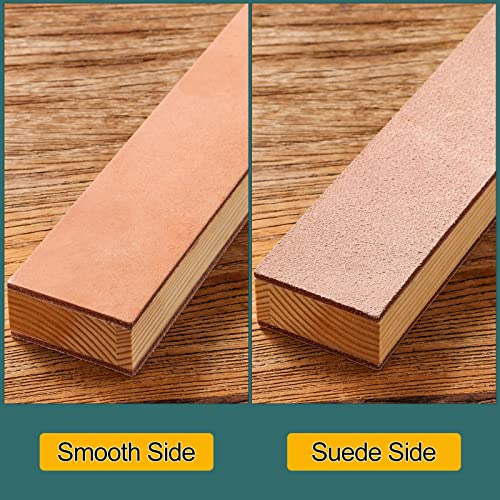 ANGERSTONE Double Side Leather Strop for Knife Sharpening - 14"x 2" Stropping Block Kit with Polishing Compound, Knife Strop with Ergonomic Handle for Honing Knives, Woodworking Chisels