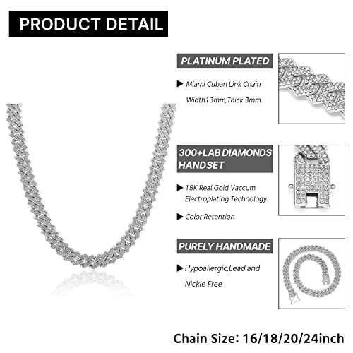 MOFEIJEWEL 13mm Cuban Link Chain For Men Women Iced Out Chain Miami Cuban Necklace Bling Diamond Chains Hip Hop Jewelry （Silver 16inch）