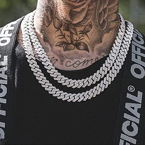 MOFEIJEWEL 13mm Cuban Link Chain For Men Women Iced Out Chain Miami Cuban Necklace Bling Diamond Chains Hip Hop Jewelry （Silver 16inch）