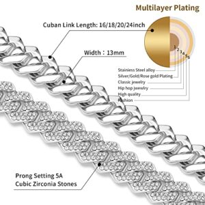 MOFEIJEWEL 13mm Cuban Link Chain For Men Women Iced Out Chain Miami Cuban Necklace Bling Diamond Chains Hip Hop Jewelry （Silver 16inch）