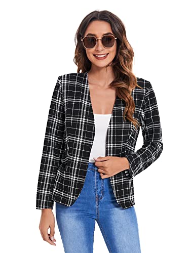 Milumia Women Elegant Open Front Plaid Blazer Work Office Jacket Outwear Z Black and White Medium