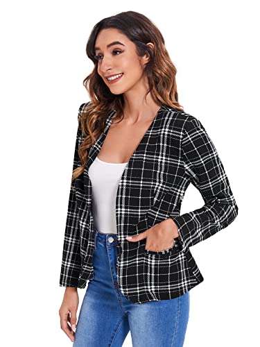 Milumia Women Elegant Open Front Plaid Blazer Work Office Jacket Outwear Z Black and White Medium