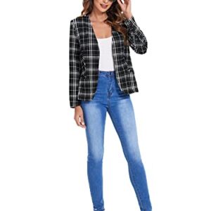 Milumia Women Elegant Open Front Plaid Blazer Work Office Jacket Outwear Z Black and White Medium