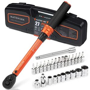 1/4 inch drive click torque wrench, 27 pcs bike torque wrench set double scale (1-25nm/8.9-221.3lb.in), 0.1nm high precision with bit sockets, 3/8 adapter, extension bar, for bicycle maintenance