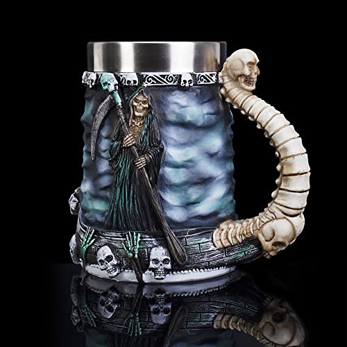 KTOTKMOTA Grim Reaper Mug 304 Stainless Steel Resin Material Beer Stein Coffee Cup Halloween Dead Skulls Reaper Decoration Cup(20 oz)