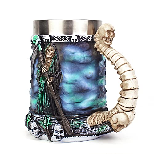 KTOTKMOTA Grim Reaper Mug 304 Stainless Steel Resin Material Beer Stein Coffee Cup Halloween Dead Skulls Reaper Decoration Cup(20 oz)