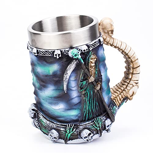 KTOTKMOTA Grim Reaper Mug 304 Stainless Steel Resin Material Beer Stein Coffee Cup Halloween Dead Skulls Reaper Decoration Cup(20 oz)