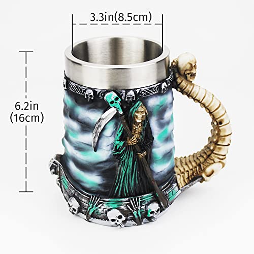 KTOTKMOTA Grim Reaper Mug 304 Stainless Steel Resin Material Beer Stein Coffee Cup Halloween Dead Skulls Reaper Decoration Cup(20 oz)