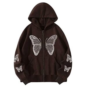 nufiwi women graphic printed oversized y2k sweatshirt zip up long sleeve hoodies aesthetic jacket streetwear with pockets(fly brown,medium)