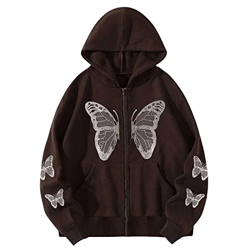 NUFIWI Women Graphic Printed Oversized Y2K Sweatshirt Zip Up Long Sleeve Hoodies Aesthetic Jacket Streetwear with Pockets(Fly Brown,Medium)