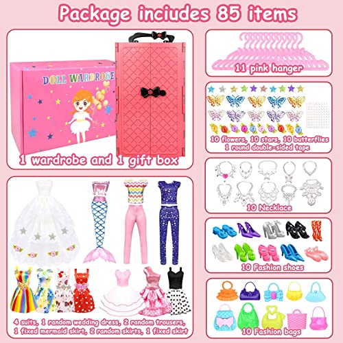 84 Pack Doll Clothes and Accessories with Doll Closet for 11.5 Inch Doll Fashion Design Kit Girl Doll Dress Up Including Wedding Dress Fashion Dress Outfits Tops and Pants Shoes Hangers Bags Necklaces