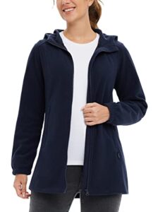 baleaf women's fleece jacket long zip up hoodie lightweight thermal sweater coat for hiking travel navy blue xl