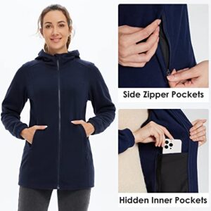 BALEAF Women's Fleece Jacket Long Zip Up Hoodie Lightweight Thermal Sweater Coat for Hiking Travel Navy Blue XL