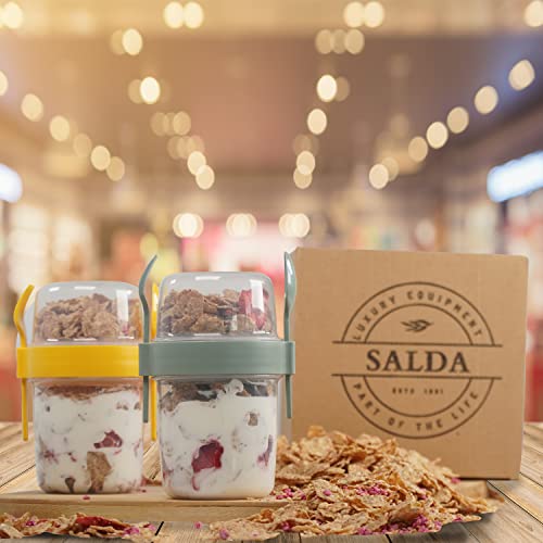 Salda 2 Pack 22 oz Breakfast On the Take and Go Cup with Topping ,spoon and fork, Overnight Oats or Oatmeal Container Yogurt Cereal Jar, Colorful Set of 2 (Yellow and Green)