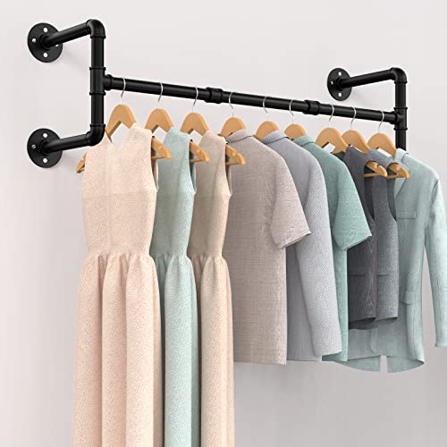 Folews Industrial Pipe Clothing Rack Wall Mounted 48.8 Inch Wall Clothing Rack Garment Rack for Hanging Clothes Coats Laundry Room Organizer Storage Hanger Shelf Space Saving