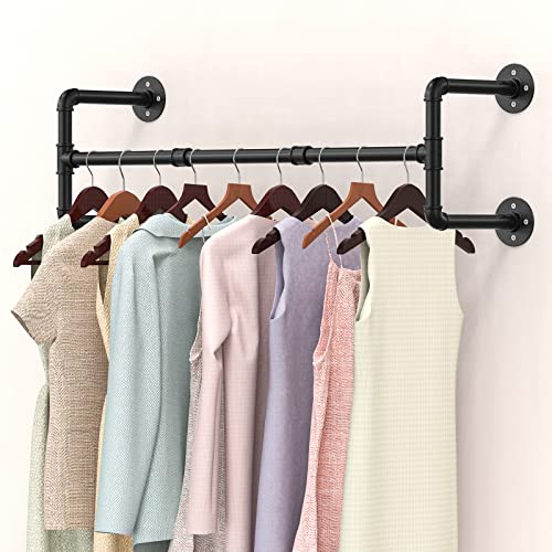 Folews Industrial Pipe Clothing Rack Wall Mounted 48.8 Inch Wall Clothing Rack Garment Rack for Hanging Clothes Coats Laundry Room Organizer Storage Hanger Shelf Space Saving