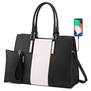 lovevook laptop bag for women, large computer tote bag handbag shoulder bag with clutch purse, business work briefcase travel bag, 2 pcs 15.6-inch, black-white