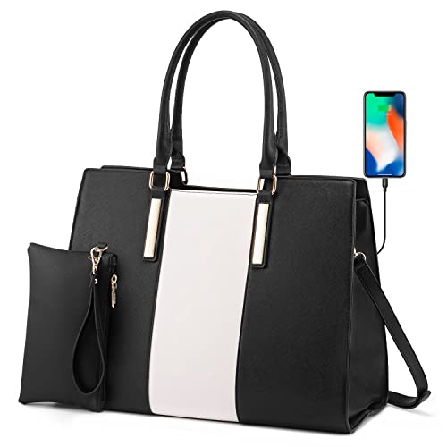 LOVEVOOK Laptop Bag for Women, Large Computer Tote Bag Handbag Shoulder Bag With Clutch Purse, Business Work Briefcase Travel Bag, 2 PCs 15.6-inch, Black-White