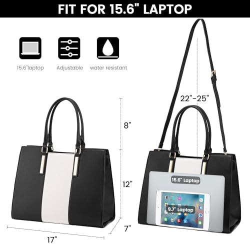 LOVEVOOK Laptop Bag for Women, Large Computer Tote Bag Handbag Shoulder Bag With Clutch Purse, Business Work Briefcase Travel Bag, 2 PCs 15.6-inch, Black-White