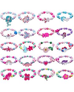 jotiko 20 psc bracelets for little girls - princess birthday party favors goodie bag pinata stuffers, cute friendship rainbow beaded bracelet play jewelry unicorn mermaid animals wooden charms classroom exchange gifts