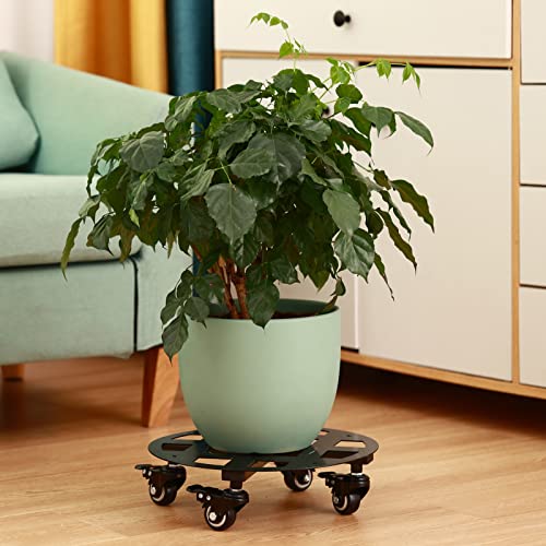 2 Packs Metal Plant Caddy with Wheels 12” Heavy-Duty Wrought Iron Rolling Plant Stands with Casters Indoor and Outdoor Plant Pot Roller Base Plant Saucer Movers Black, Strong Load Capacity