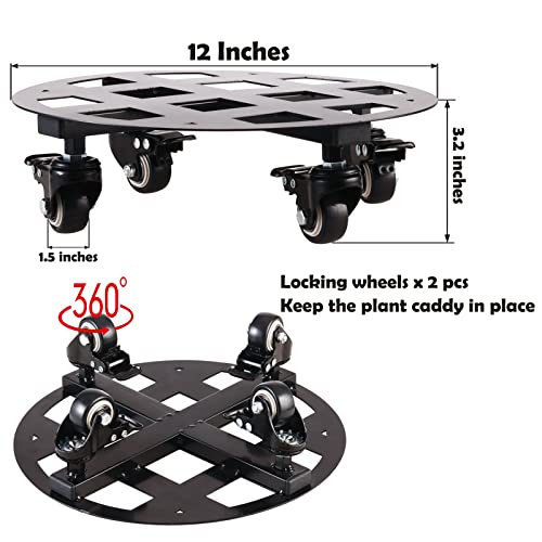 2 Packs Metal Plant Caddy with Wheels 12” Heavy-Duty Wrought Iron Rolling Plant Stands with Casters Indoor and Outdoor Plant Pot Roller Base Plant Saucer Movers Black, Strong Load Capacity