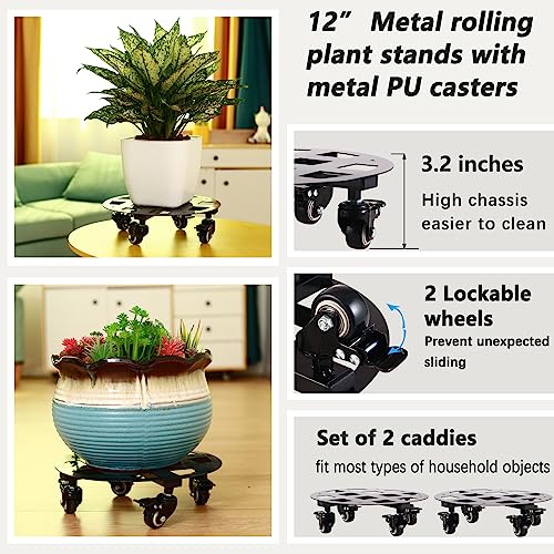 2 Packs Metal Plant Caddy with Wheels 12” Heavy-Duty Wrought Iron Rolling Plant Stands with Casters Indoor and Outdoor Plant Pot Roller Base Plant Saucer Movers Black, Strong Load Capacity