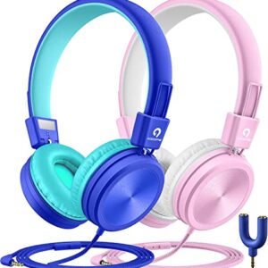 ADOOPE [2PACK Kids Headphones with Microphones 91dB Volume Limit Designed for Kids Boys and Girls, Wired Kids Headset with Share Splitter, HD Sounds on-Ear Headphones for Tablets, iPad, Fire Tablet