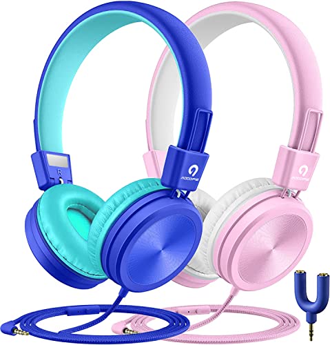 ADOOPE [2PACK Kids Headphones with Microphones 91dB Volume Limit Designed for Kids Boys and Girls, Wired Kids Headset with Share Splitter, HD Sounds on-Ear Headphones for Tablets, iPad, Fire Tablet