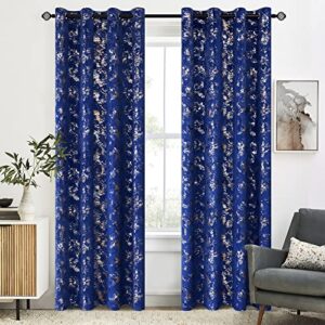 woaboy 90% blackout glitter velvet curtains 84in long soft luxury gold foil print window curtain for bedroom living room blackout darkening thermal insulated grommet 2 panels 52w x 84l navy