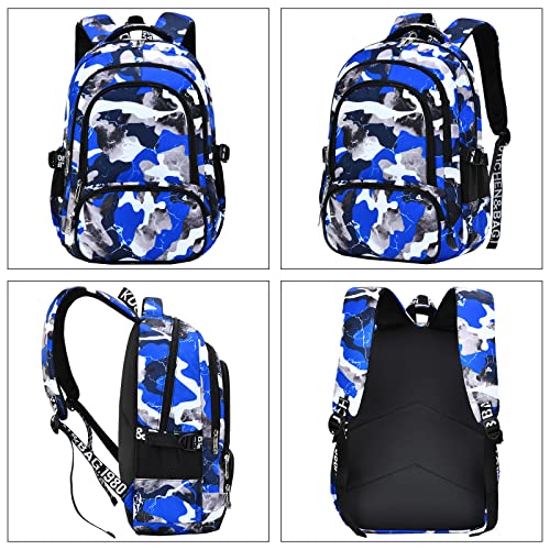 Yvechus Camo Backpack for Kids, Lightweight Camo Backpack Elementary Middle School Backpack Water Repellent Bookbag (Camo Blue)