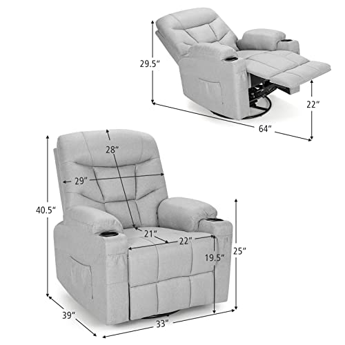 Giantex Swivel Rocker Recliner Chairs with Massage and Heating, 360 Degree Swivel Single Sofa w/Remote Control, 4 Pockets & 2 Cup Holders, Glider Chair for Nursery Living Room Bedroom (Grey)