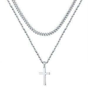 yooblue cross necklace for men, mens necklace silver layered rope chain cross pendant simple necklace jewelry dainty cross chain necklace for men women 18 20 inch mens gifts chains for men