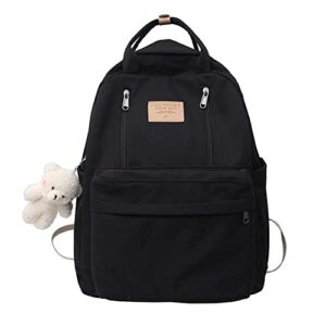 aonuowe preppy backpack with plushies cute backpack for teen girls light academia bookbags solid aesthetic school bag (black)