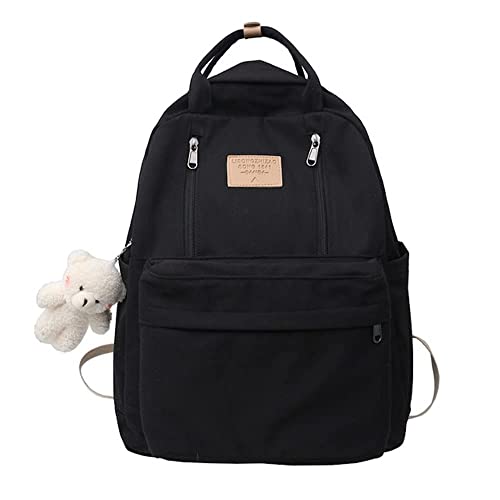 AONUOWE Preppy Backpack with Plushies Cute Backpack for Teen Girls Light Academia Bookbags Solid Aesthetic School Bag (Black)